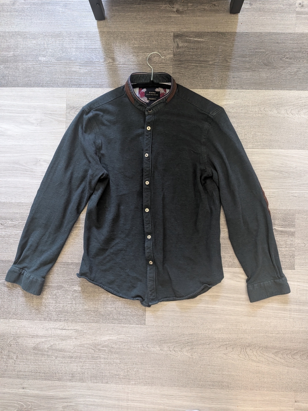 Zara Black Long-Sleeve Band Collar Shirt with Contrast Trim